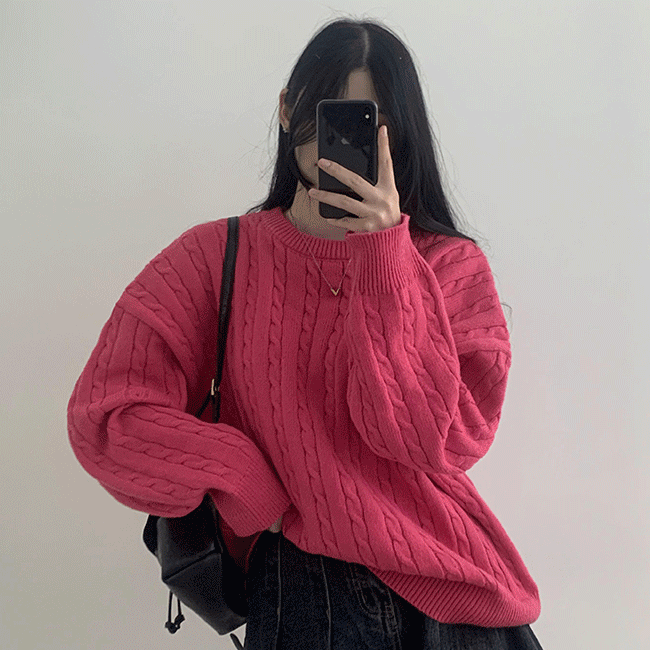Choice Oversized Fit Twisted Long-Sleeved Round Knitwear (7 colors) [Big Size Knitwear/Nit/Couple Look]