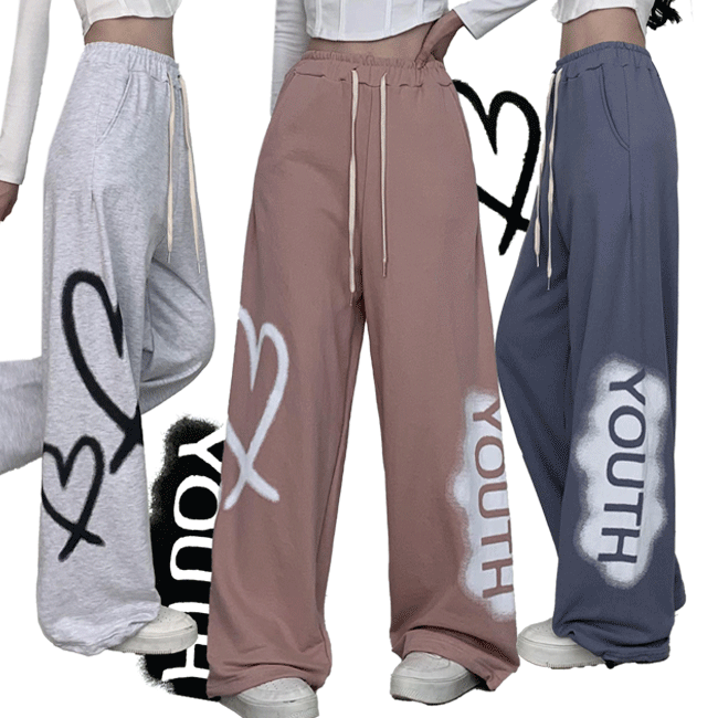 Melka Heart-Printed Wide String Pants (5 colors) [Couple Sweatsuit / Men&#039;s and Women&#039;s Common / Cotton Pants / Sweatsuit / Jogger Pants / y2k]