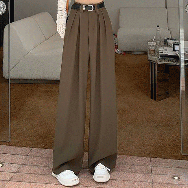 Ad High Waist Two Pintuck Wide Slacks + Belt Set (3 colors) [Suit / Office Look / Pintuck Pants / Chalang]