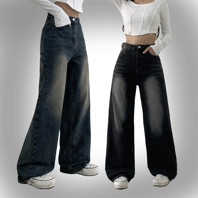 [Short, long/length selected] Knock High-Waist Cat Brush Washing Wide Jeans (4 colors) [y2k/Vintage Denim/Cotton Pants]