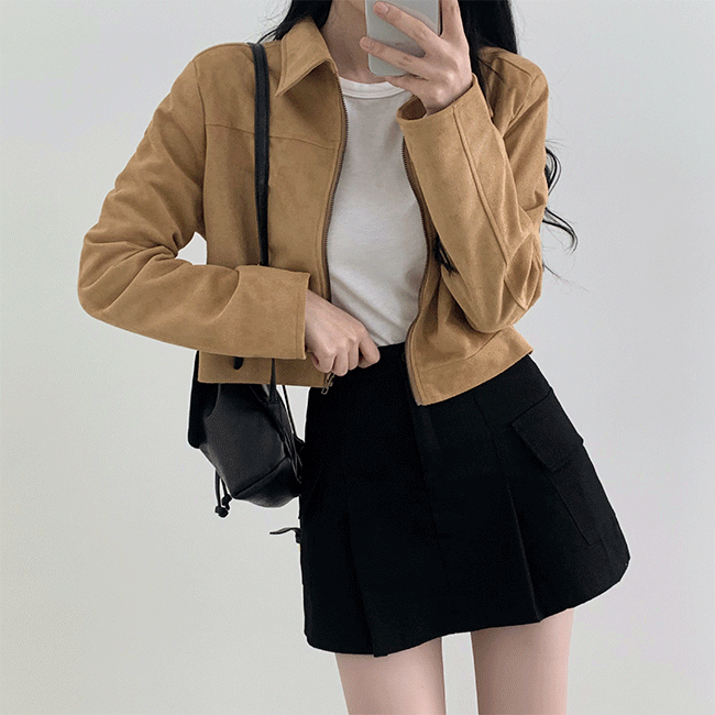 wed cropped collar slit suede jacket (3 colors) [fw new / crop jumper / zip-up / classic / leather]