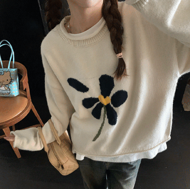 Chimming Oversized Fit Flower Knitwear (2 colors) [New Winter/Daily Look/Laid]
