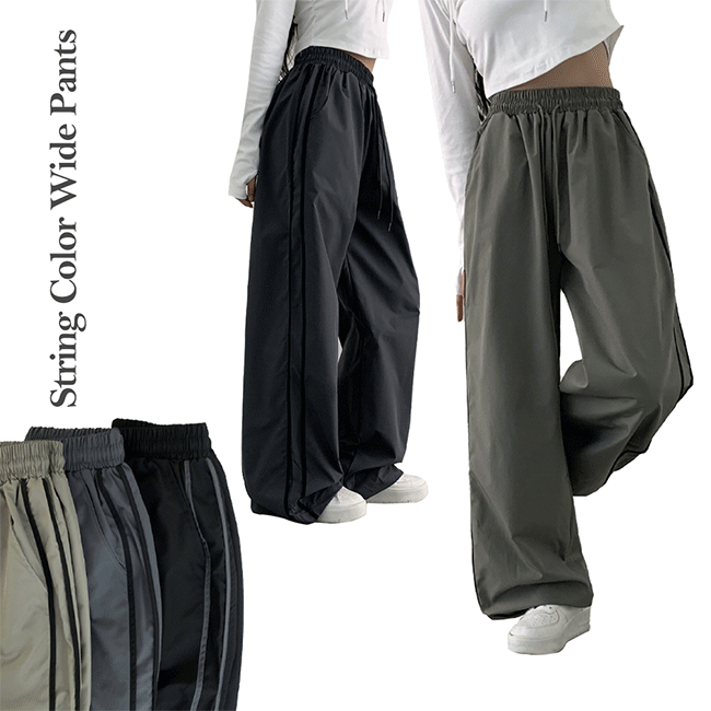 Badge Basket Banding String Coloring Wide Pants (3 colors) [Autumn Pants / Baskets / Street Look / Nylon / y2k / Winter Pants]