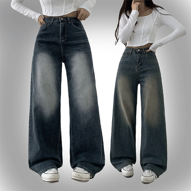 [Short, long/length selected] Deep High-Waist Washed Wide Jeans (2 colors) [y2k/Vintage Denim/Cotton Pants]
