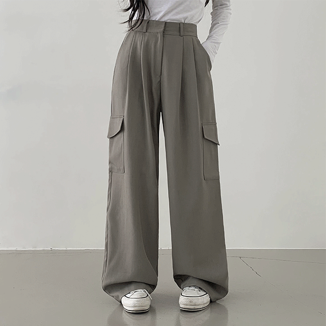 Cato High-Waist Back Banding Cargo Two-Pintuck Slacks (2 colors) [Cargo Pants / Guest Look / Wide Pants / y2k]