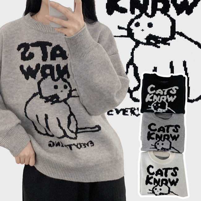 Elle Oversized Fit Cats Knit (3 colors) [Winter New / Lovely / Cat Printing / Knit Zip-Up / Winter Knitwear]